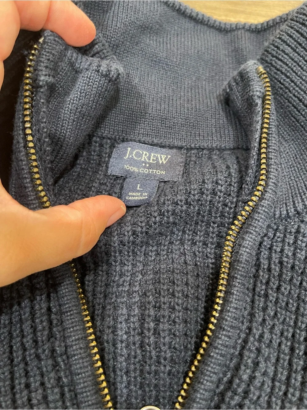 J.Crew Mens Large Navy Waffle Knit Quarter Zip Sweater 100% Cotton Pullover
